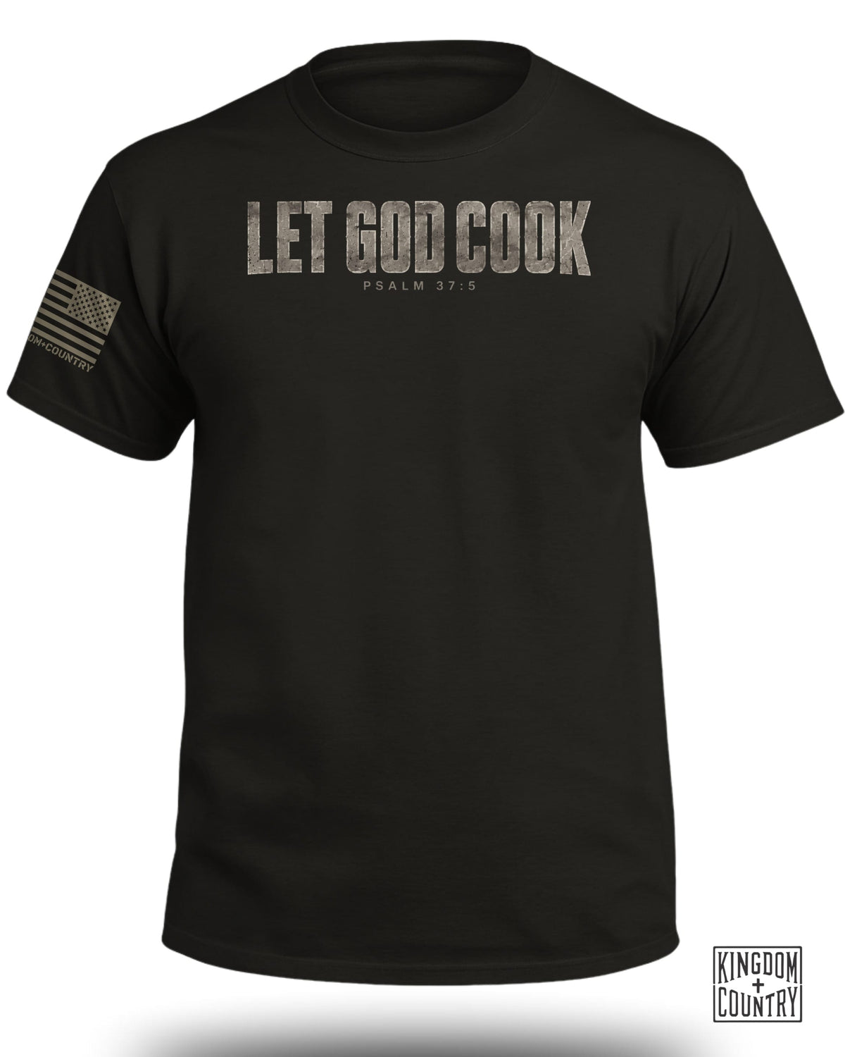 Black t-shirt with "LET GOD COOK" and "PSALM 37:5" text, and US flag patch.