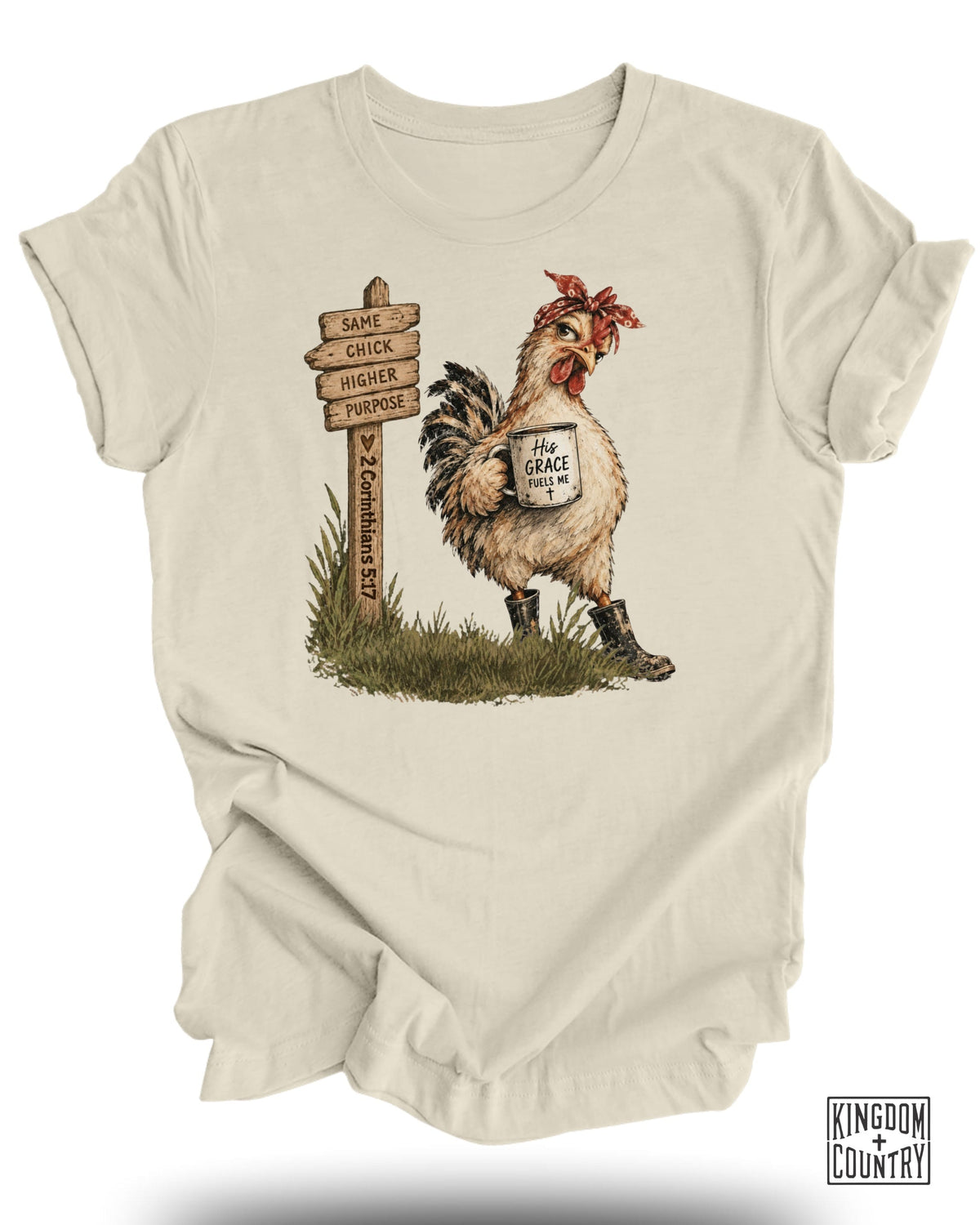 Chicken with bandana and boots holds mug, sign reads "Same Chick, Higher Purpose."