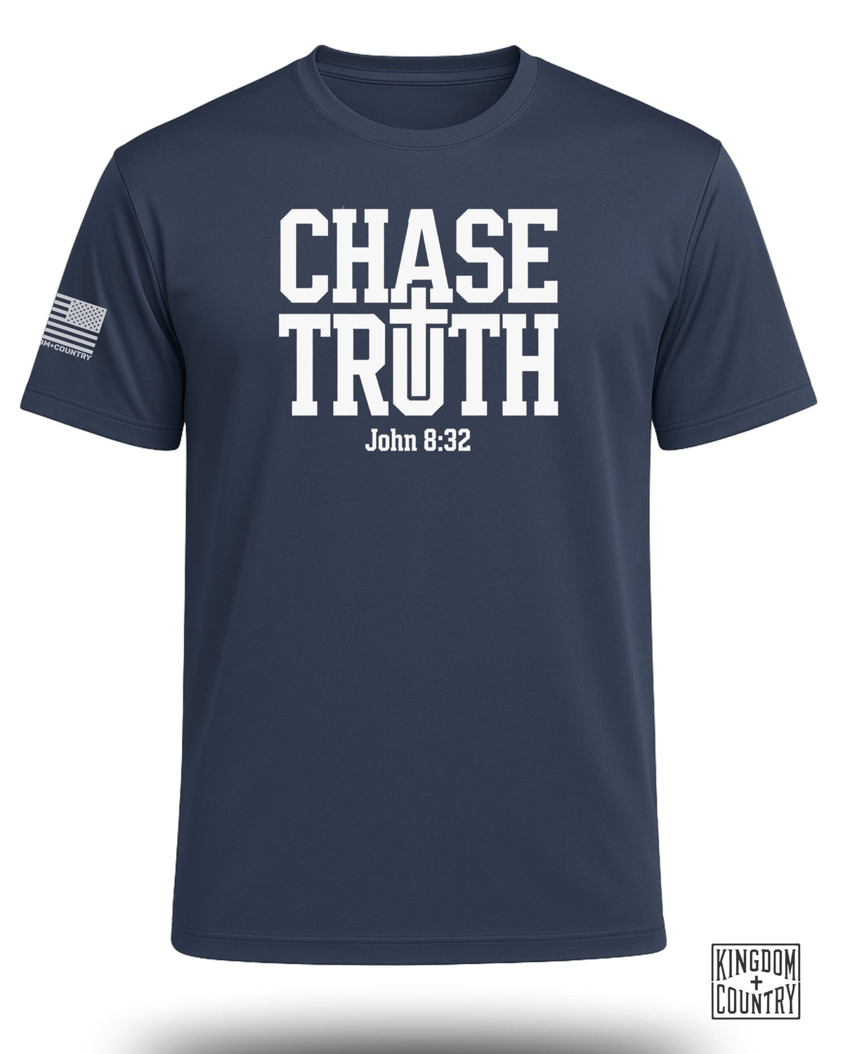 Navy t-shirt with white "CHASE TRUTH" text and "John 8:32" and an American flag logo.