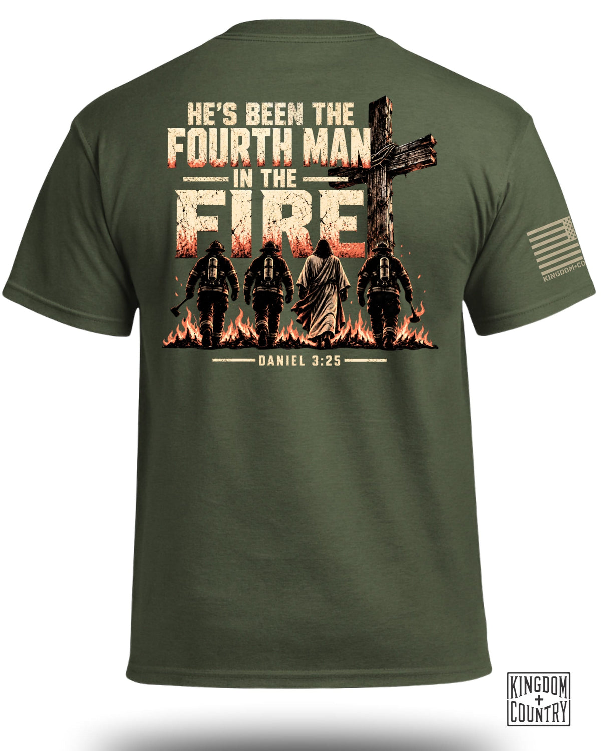 Graphic t-shirt with "He's Been The Fourth Man In The Fire" and Daniel 3:25.