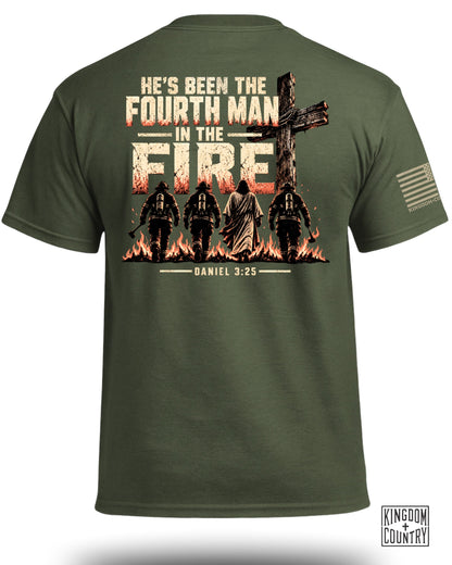 Graphic t-shirt with "He's Been The Fourth Man In The Fire" and Daniel 3:25.