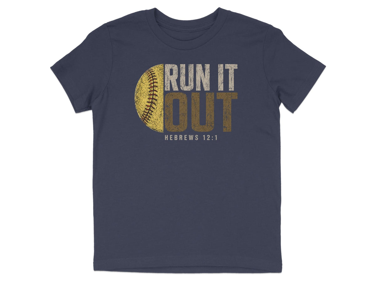 Navy t-shirt with baseball graphic and text "RUN IT OUT HEBREWS 12:1".