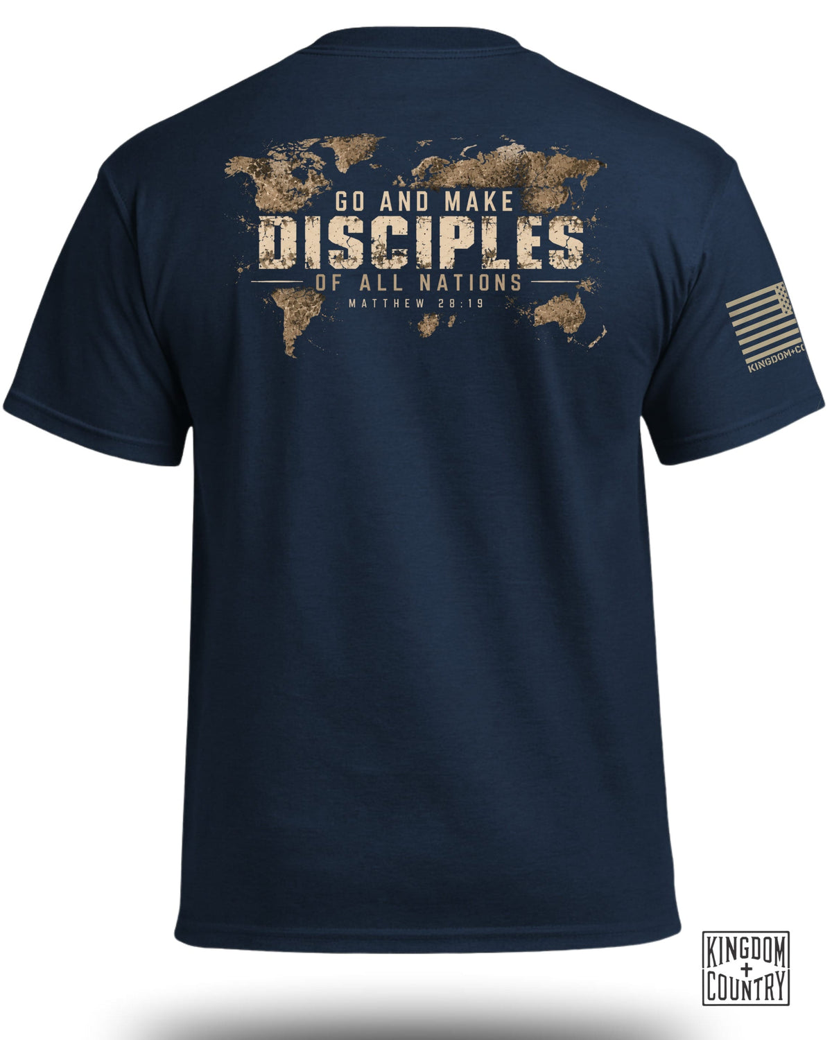 Navy blue t-shirt displaying a world map graphic with the text GO AND MAKE DISCIPLES OF ALL NATIONS MATTHEW 28:19 on the back.
