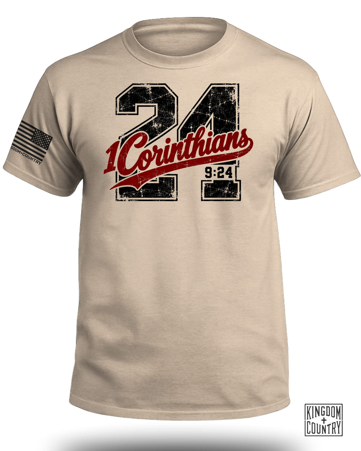 Tan t-shirt with distressed 24 1 Corinthians 9:24 graphic and US flag patch.