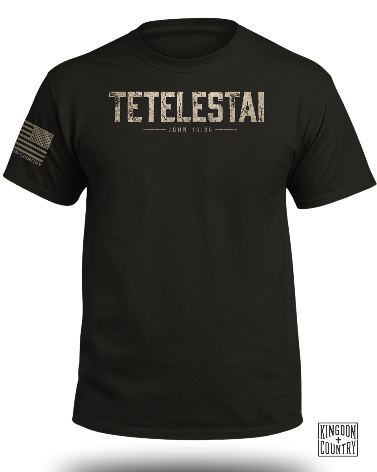 Black t-shirt with "TETELESTAI JOHN 19:30" text and American flag patch.