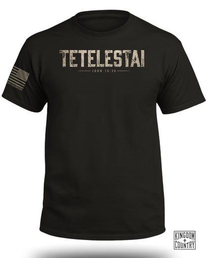 Black t-shirt with "TETELESTAI JOHN 19:30" text and American flag patch.