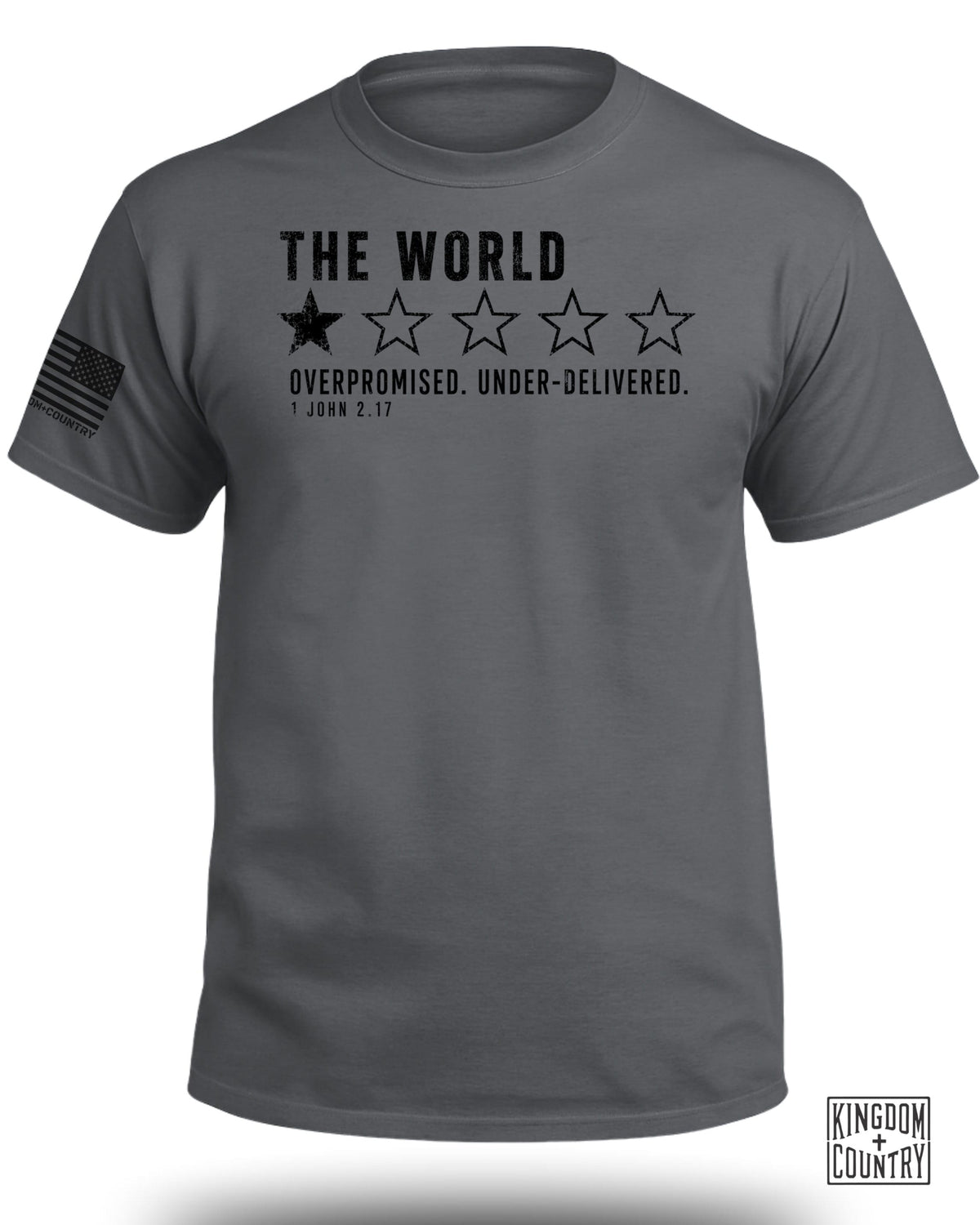 Gray t-shirt with text "THE WORLD" and one black star out of five.