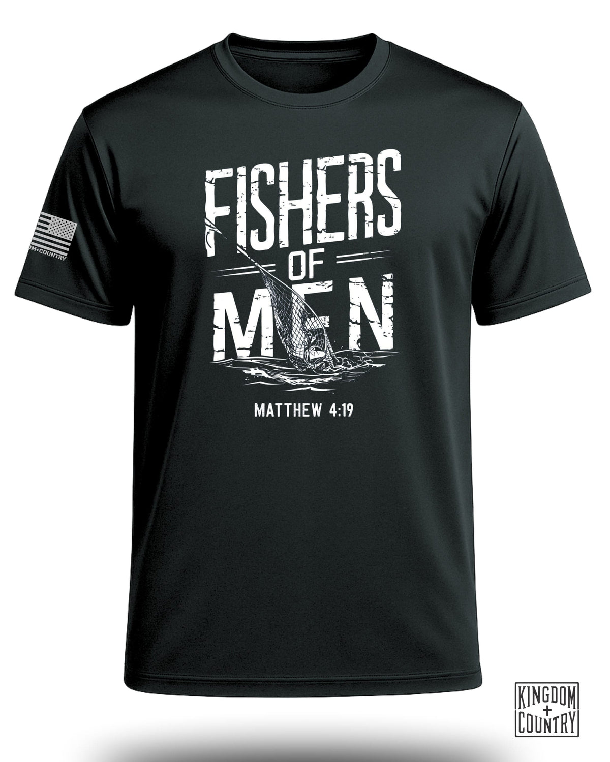Black t-shirt with "Fishers of Men" graphic and "Matthew 4:19".
