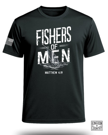 Black t-shirt with "Fishers of Men" graphic and "Matthew 4:19".