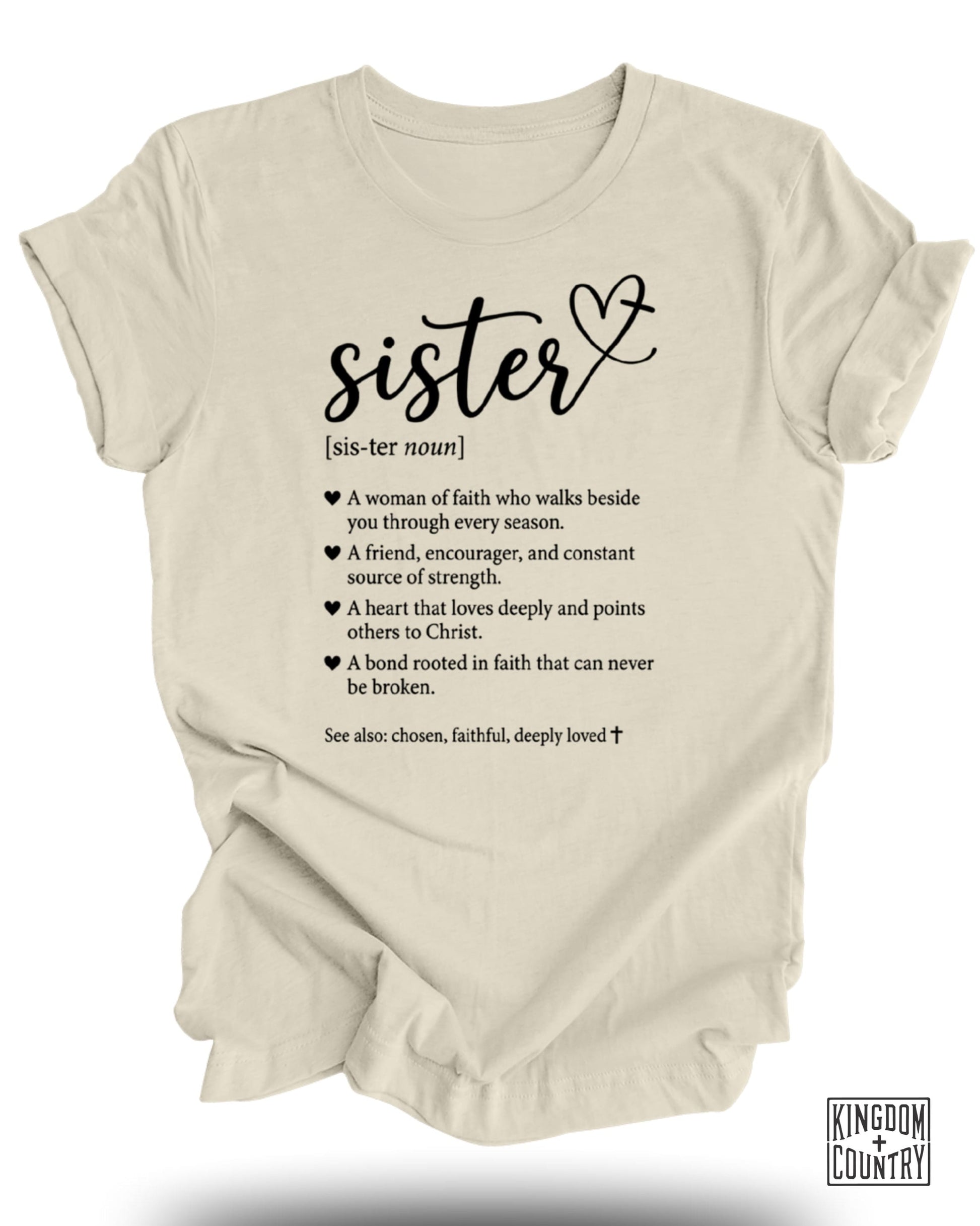 Cream t-shirt with "sister" text and faith-based definitions.