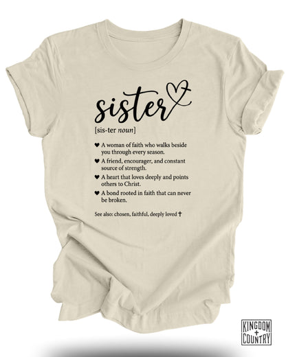Cream t-shirt with "sister" text and faith-based definitions.