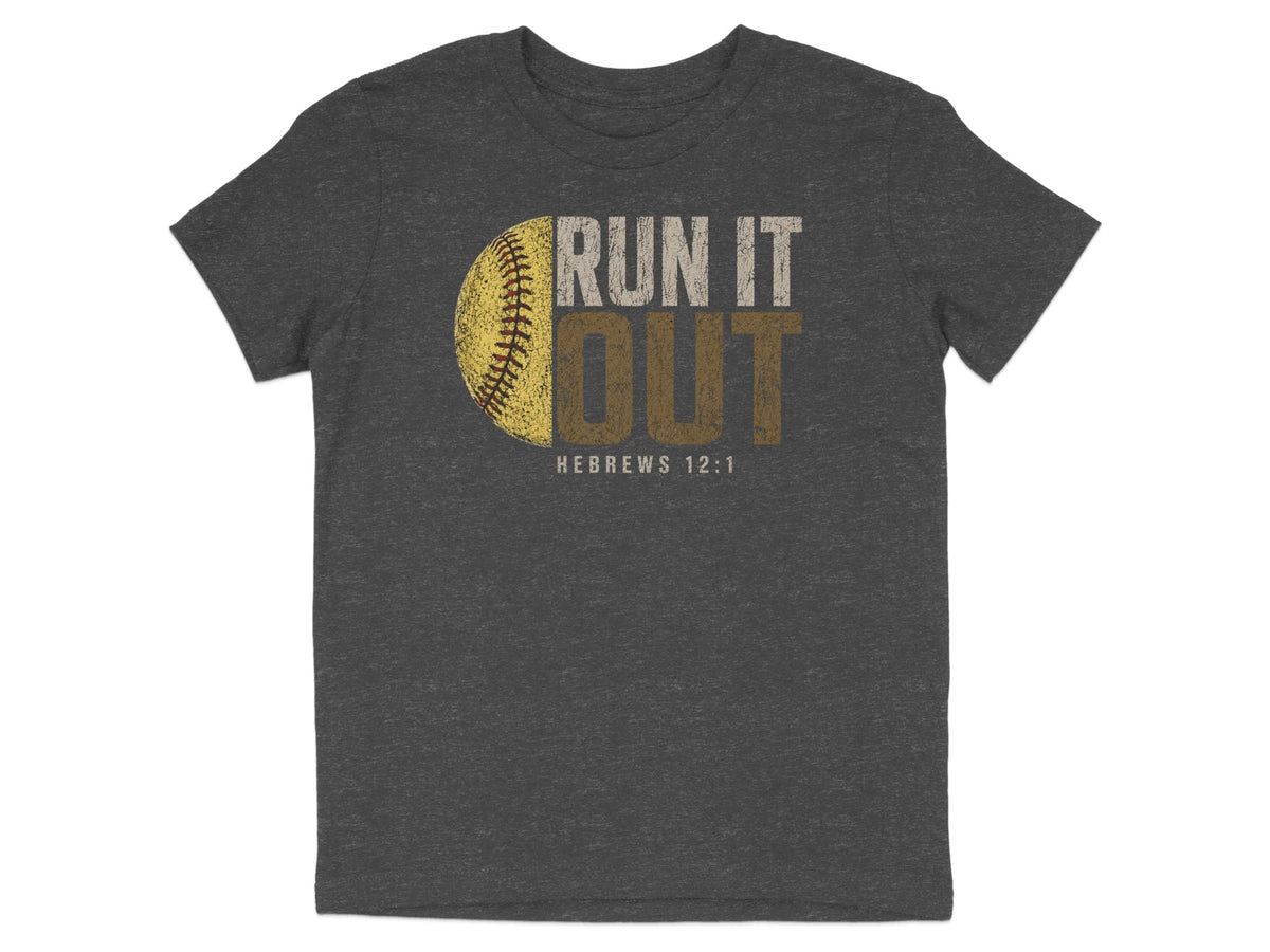 Dark grey t-shirt with yellow baseball graphic and "RUN IT OUT HEBREWS 12:1" text.