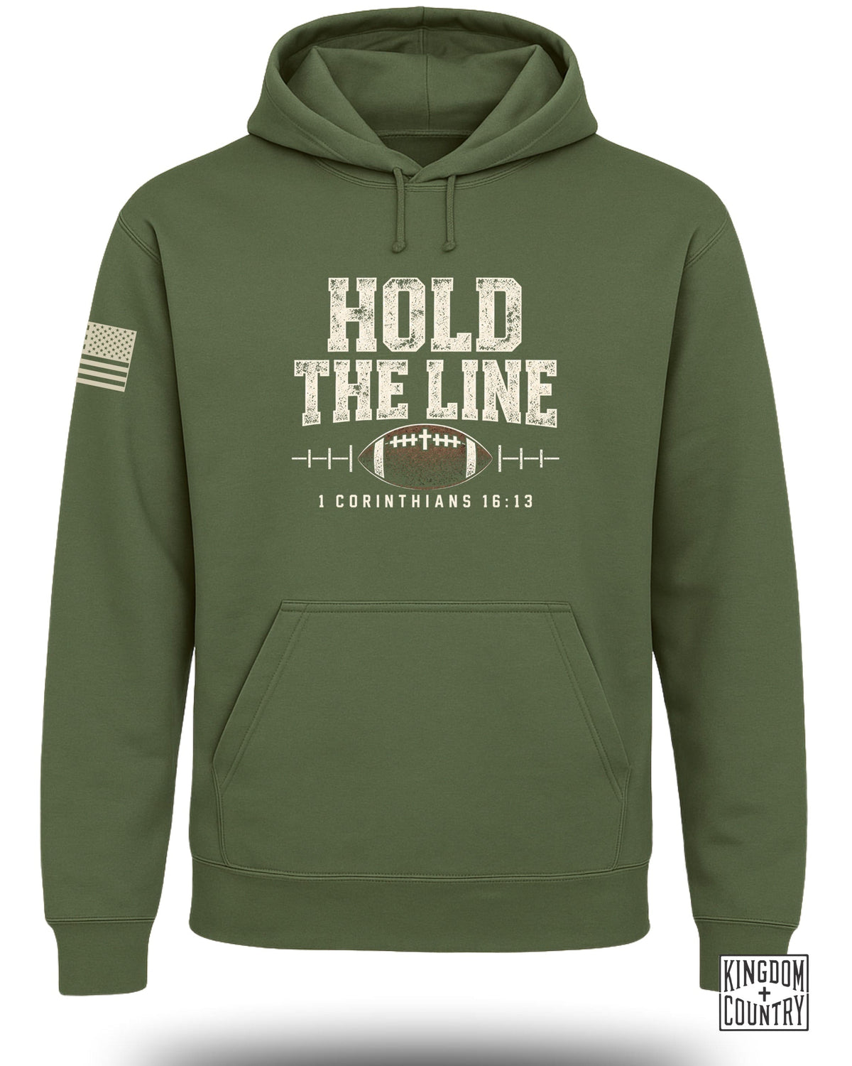 Olive green hoodie with "HOLD THE LINE" text and football graphic.