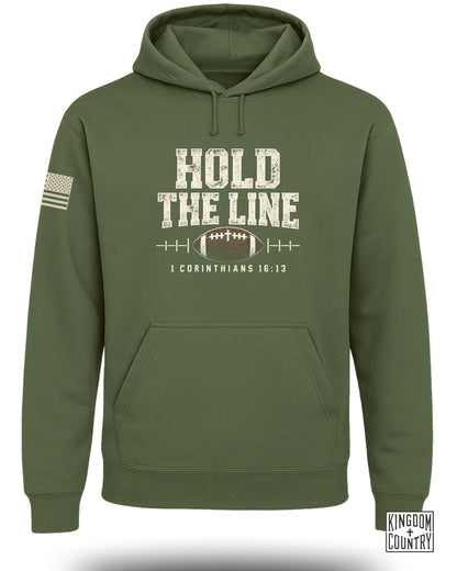 Olive green hoodie with "HOLD THE LINE" text and football graphic.