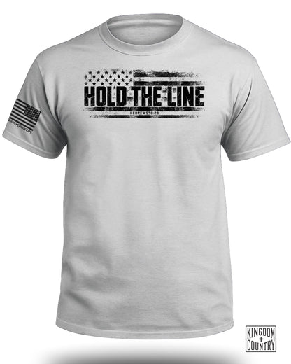 White t-shirt with distressed American flag graphic and "Hold The Line" text.