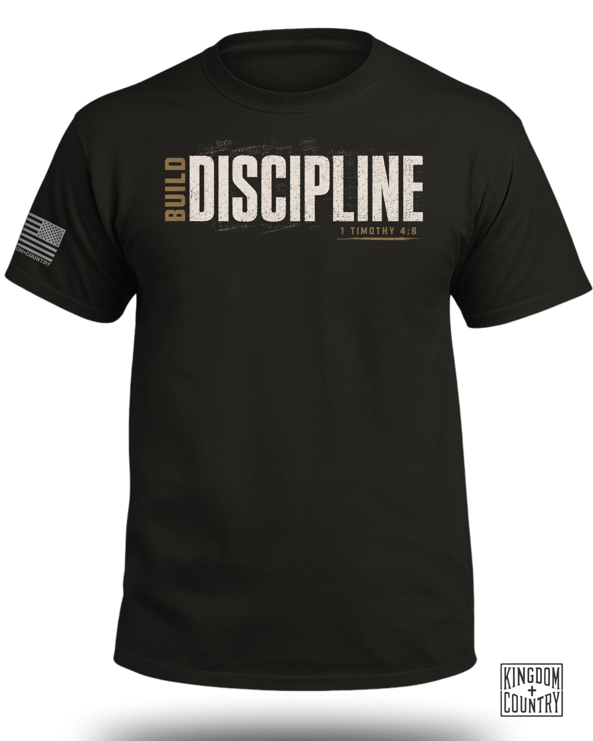Black t-shirt with "BUILD DISCIPLINE" and "1 TIMOTHY 4:8" text and a US flag graphic.