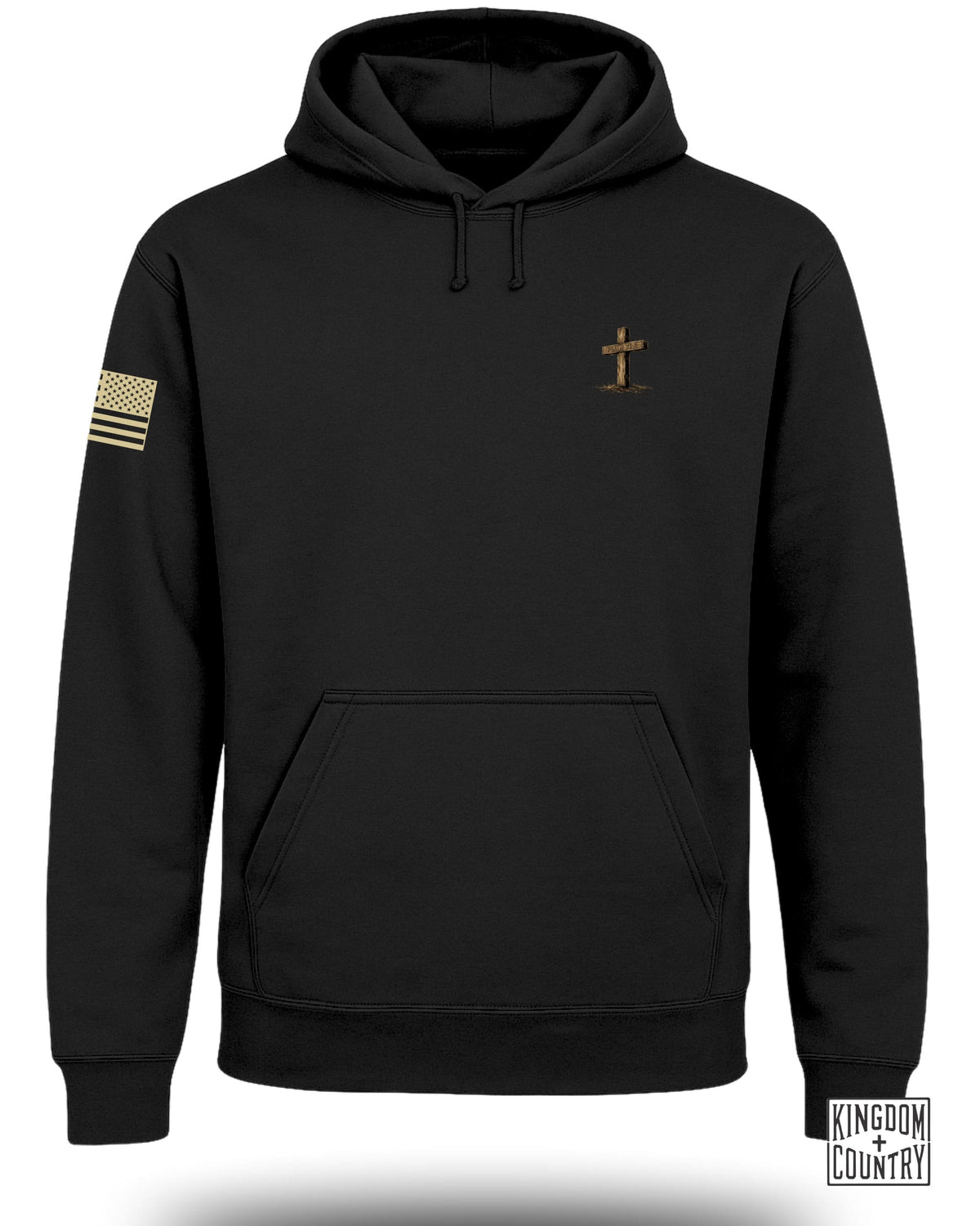 Black hoodie with cross graphic and American flag patch.