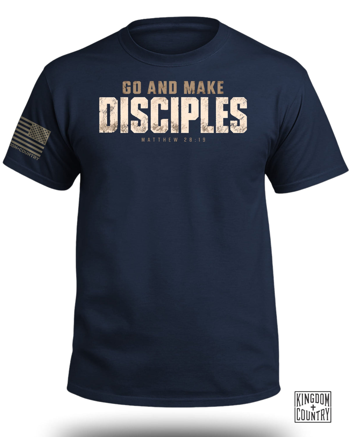 A navy blue t-shirt printed with the text Go and Make Disciples and Matthew 28:19.