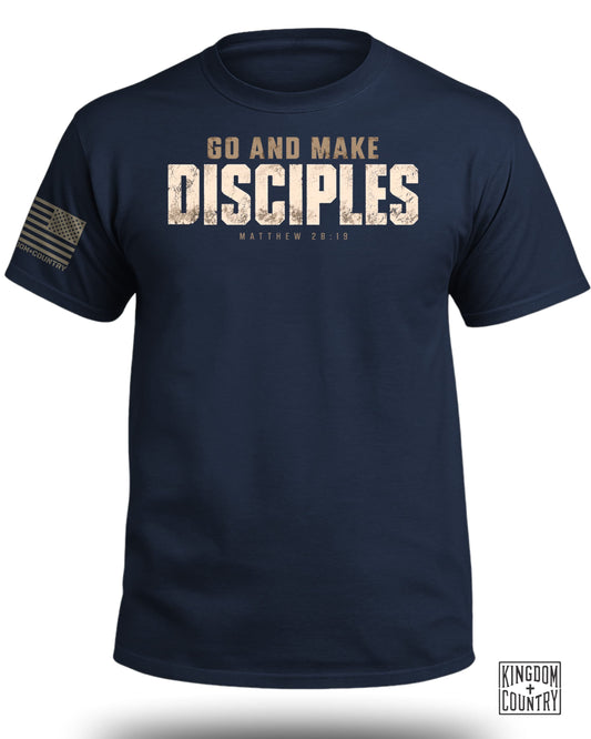 A navy blue t-shirt printed with the text Go and Make Disciples and Matthew 28:19.