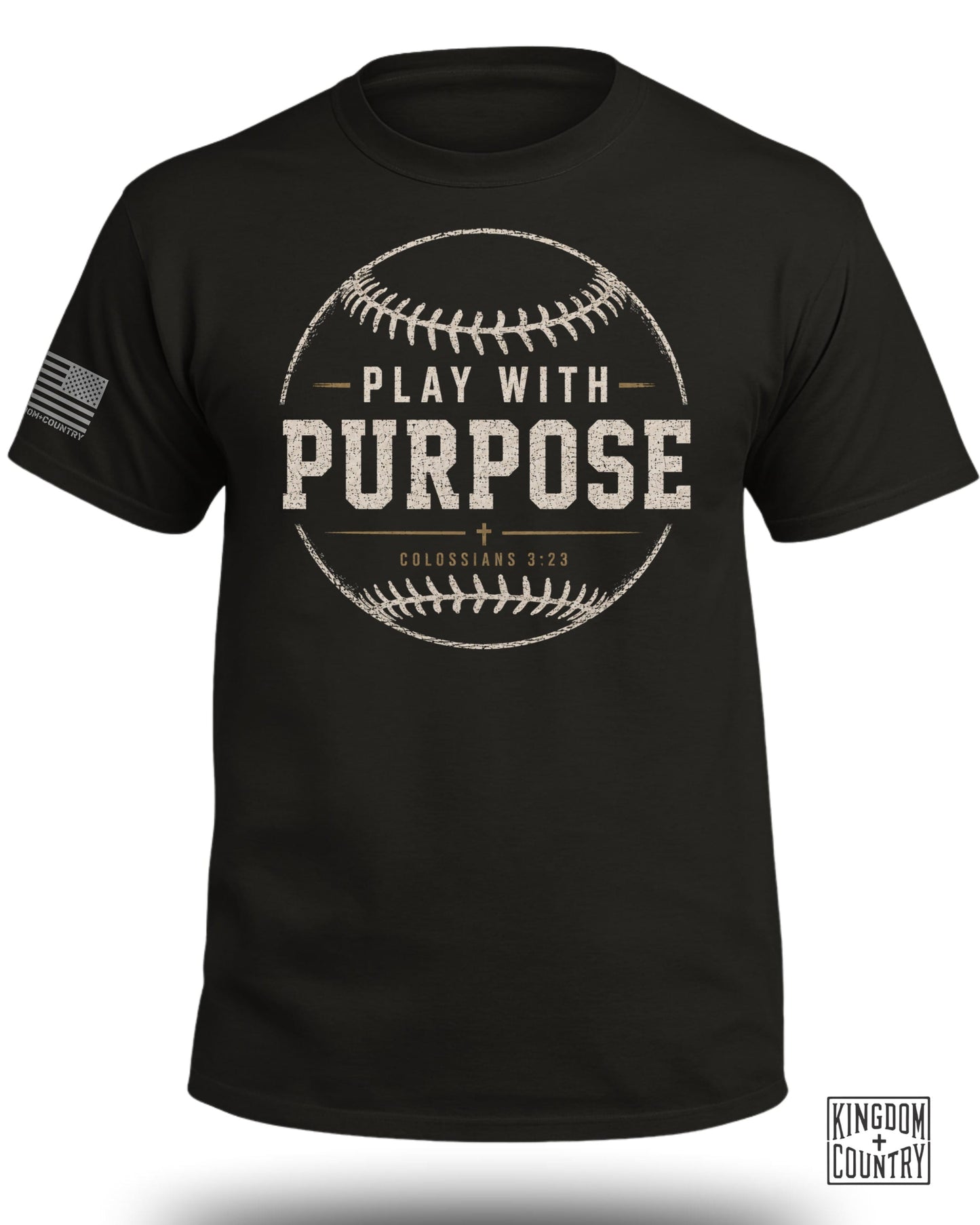Black t-shirt with baseball graphic "Play With Purpose" and "Colossians 3:23".