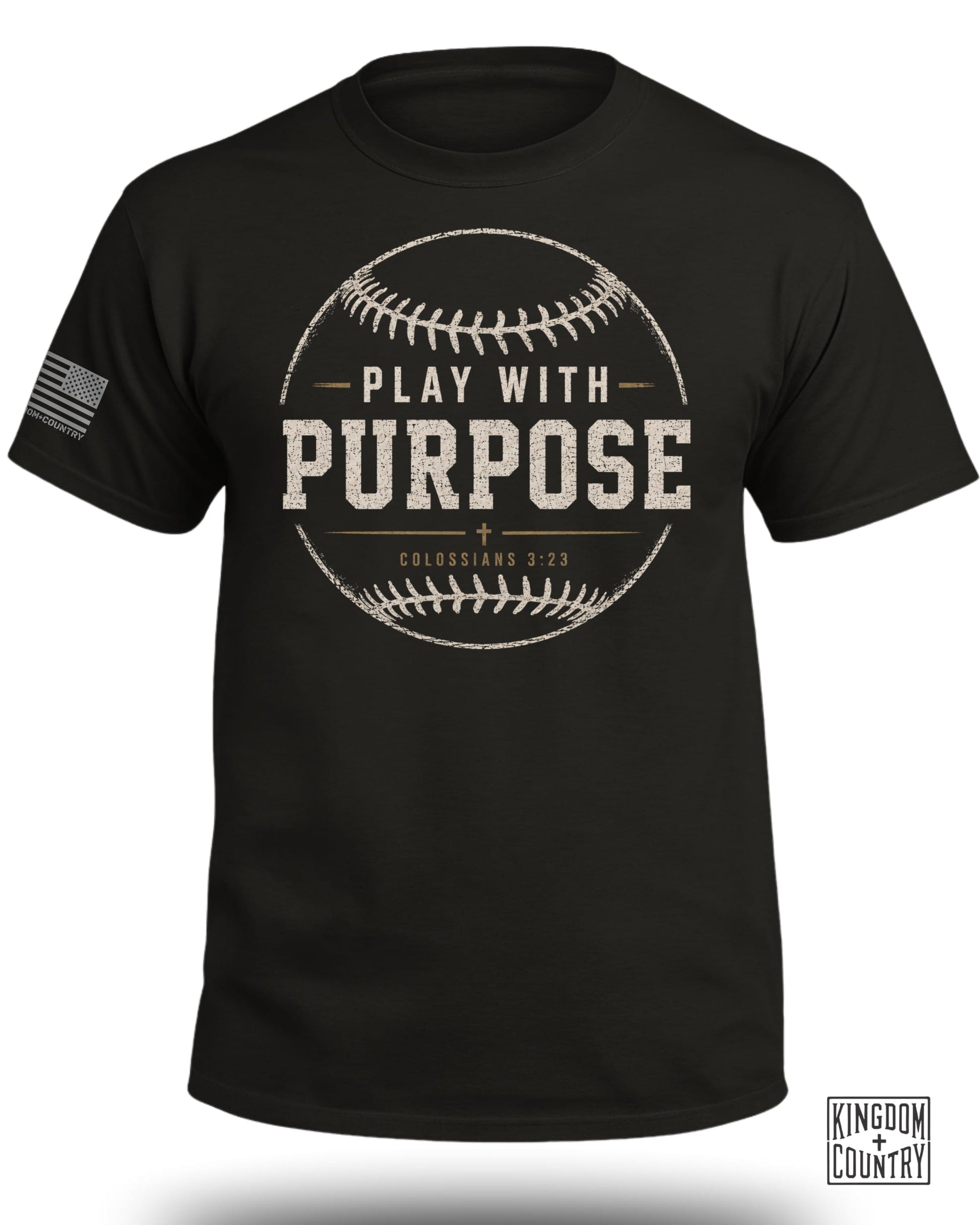 Black t-shirt with baseball graphic "Play With Purpose" and "Colossians 3:23".