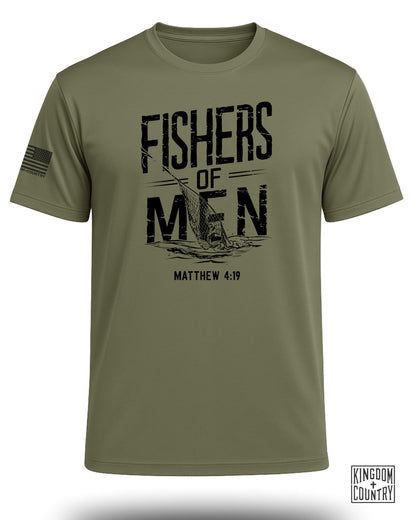 Olive green t-shirt with "FISHERS OF MEN MATTHEW 4:19" graphic and American flag detail.