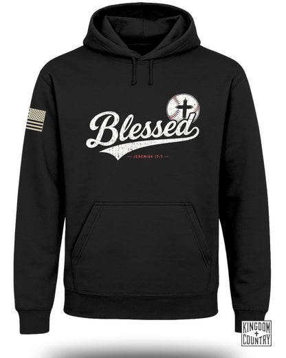 A black hooded sweatshirt featuring a distressed white "Blessed" graphic with a baseball and cross design on the chest.