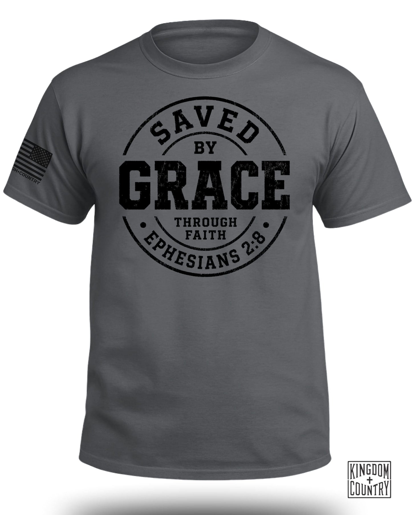 Dark grey t-shirt with "Saved by Grace Through Faith Ephesians 2:8" graphic.