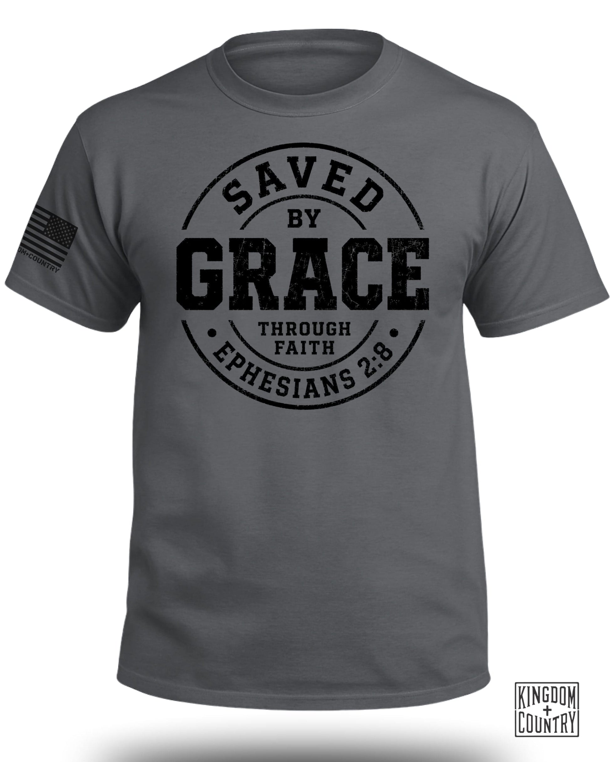 Dark grey t-shirt with "Saved by Grace Through Faith Ephesians 2:8" graphic.