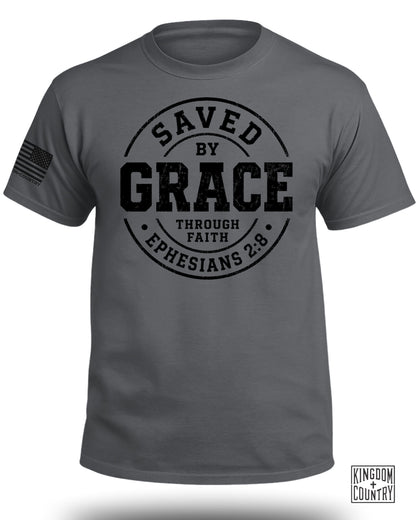 Dark grey t-shirt with "Saved by Grace Through Faith Ephesians 2:8" graphic.
