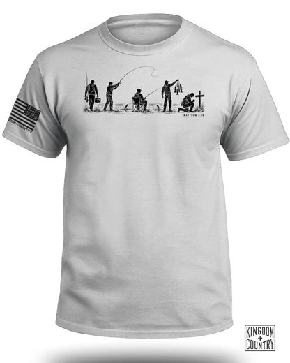 Fishing scene illustration with text Matthew 4:19 on a light gray t-shirt.
