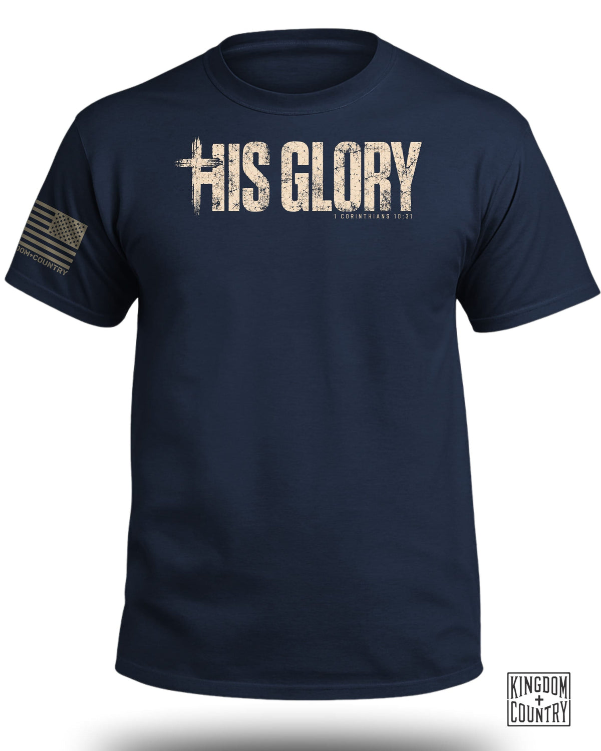 Navy t-shirt with "HIS GLORY" and scripture text, US flag on sleeve.