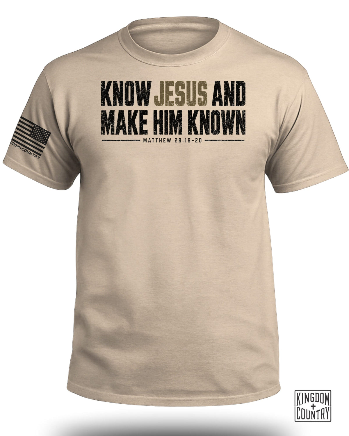 Tan t-shirt with "KNOW JESUS AND MAKE HIM KNOWN" and "MATTHEW 28:19-20" text.