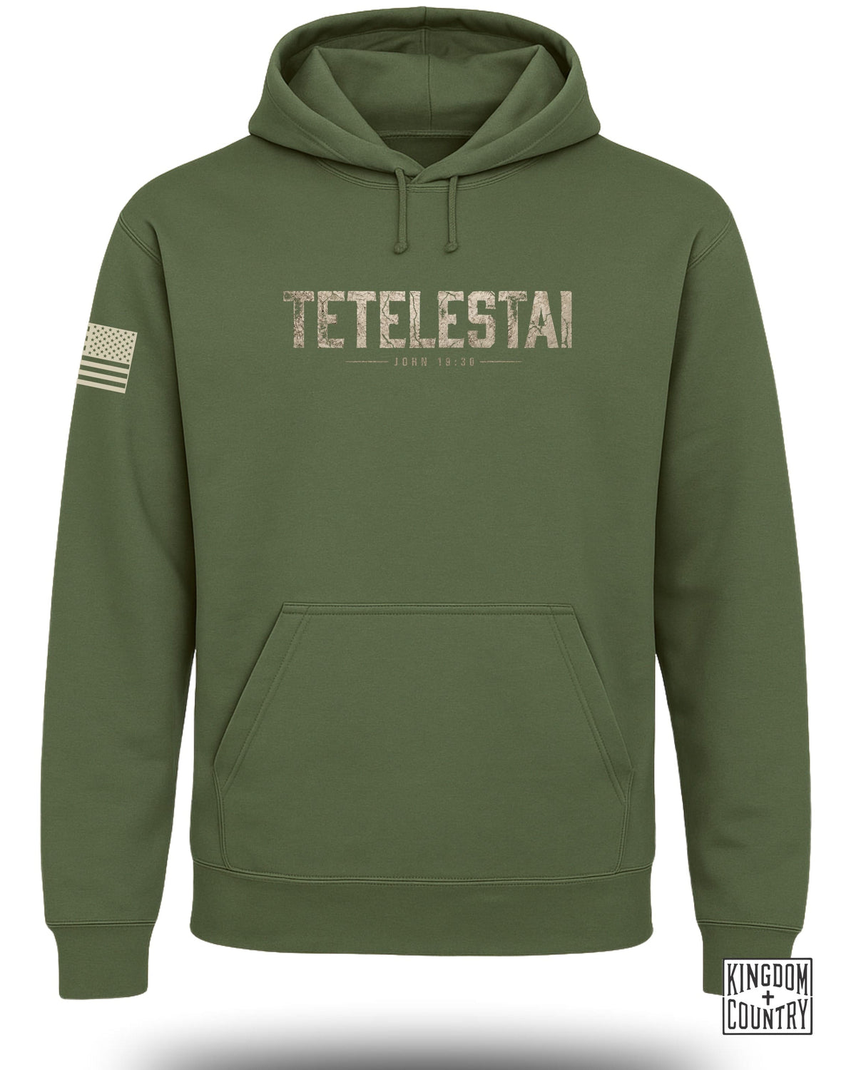 Green hoodie with "TETEL ESTAI" and "JOHN 19:30" text, and US flag.