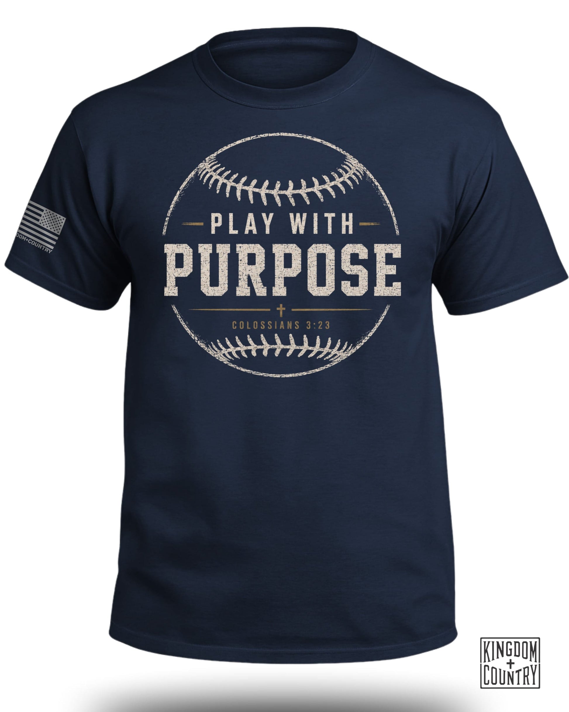 Navy t-shirt with baseball graphic and "Play With Purpose" text.
