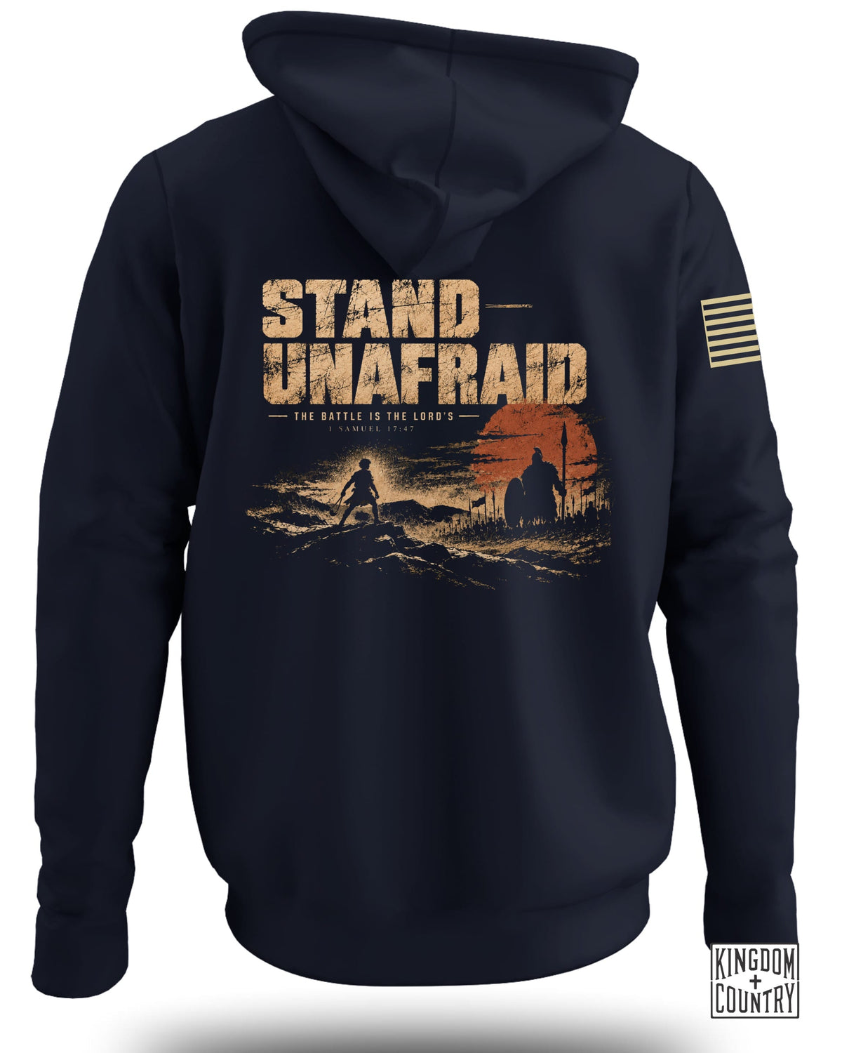 Navy hoodie with "Stand Unafraid" graphic and Bible verse reference.