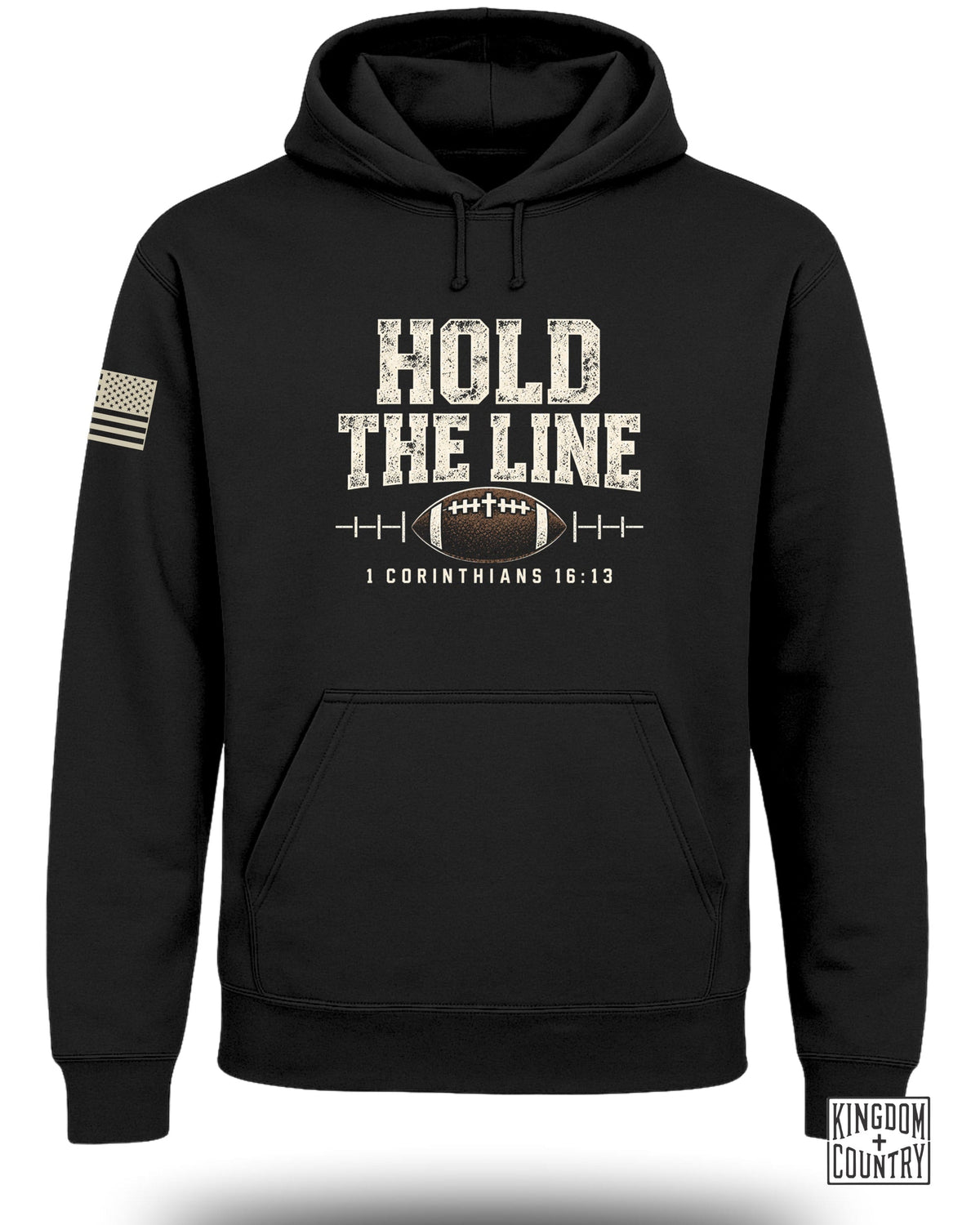 Black hoodie with "Hold the Line" text, football graphic, and scripture.