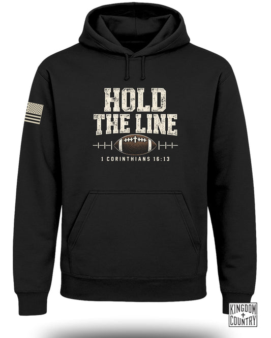 Black hoodie with "Hold the Line" text, football graphic, and scripture.