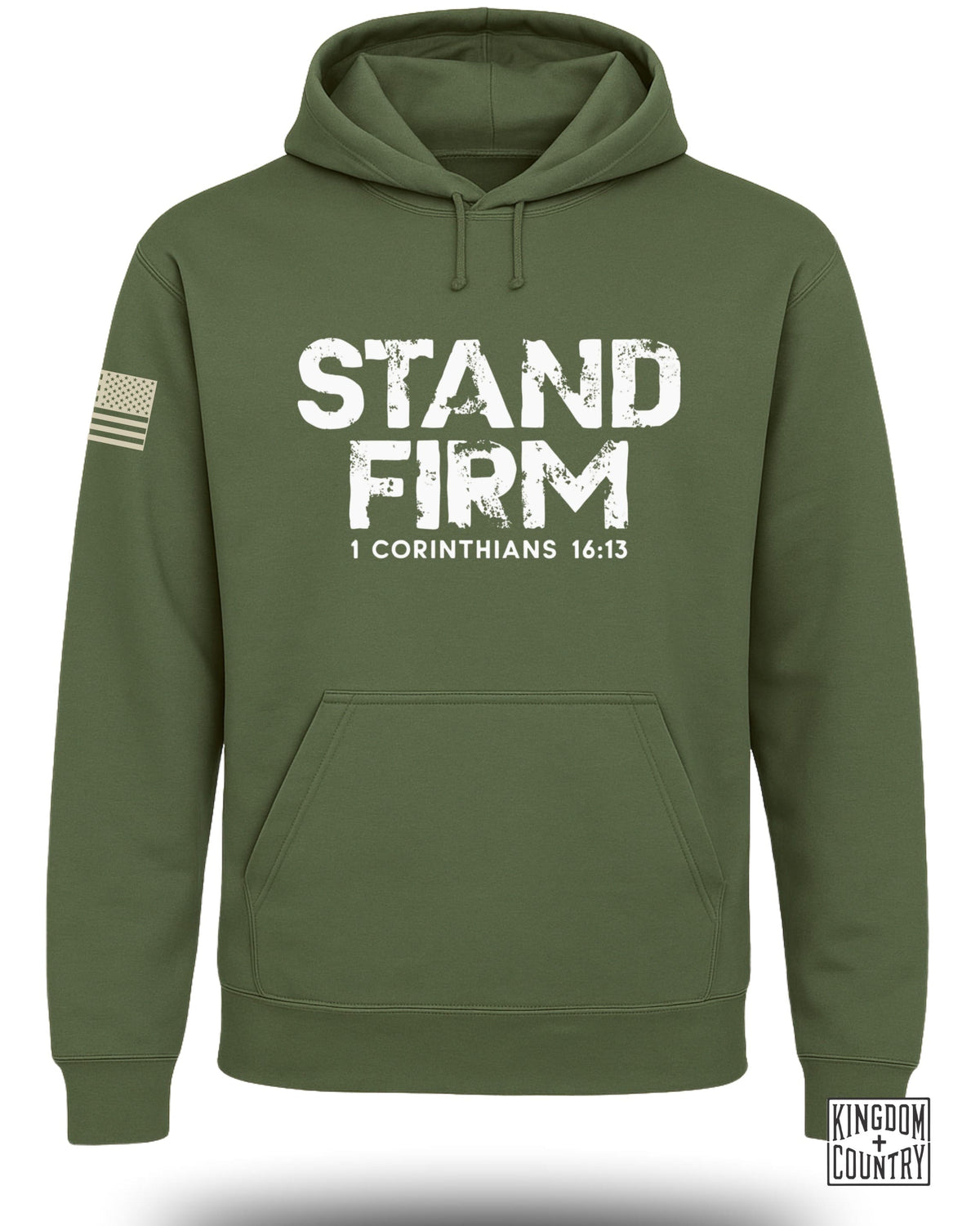 Olive green hoodie with "STAND FIRM 1 CORINTHIANS 16:13" graphic and American flag patch.