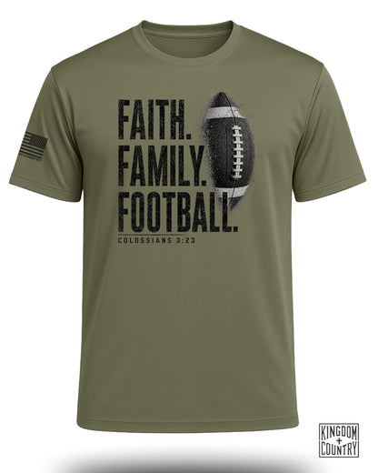Olive green t-shirt with "FAITH. FAMILY. FOOTBALL. COLOSSIANS 3:23" text and a football graphic.
