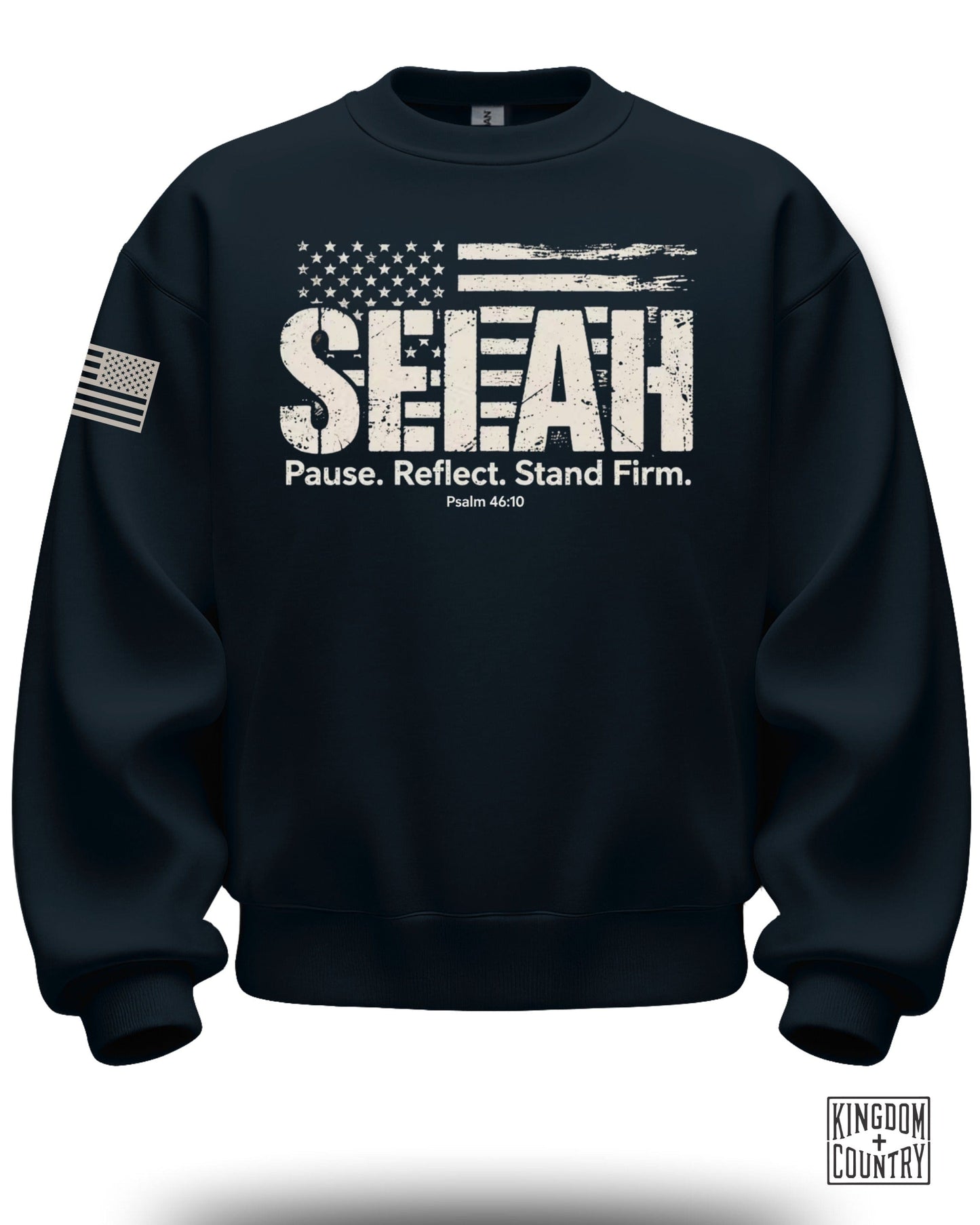 SEIAH Pause Reflect Stand Firm American Flag Sweatshirt