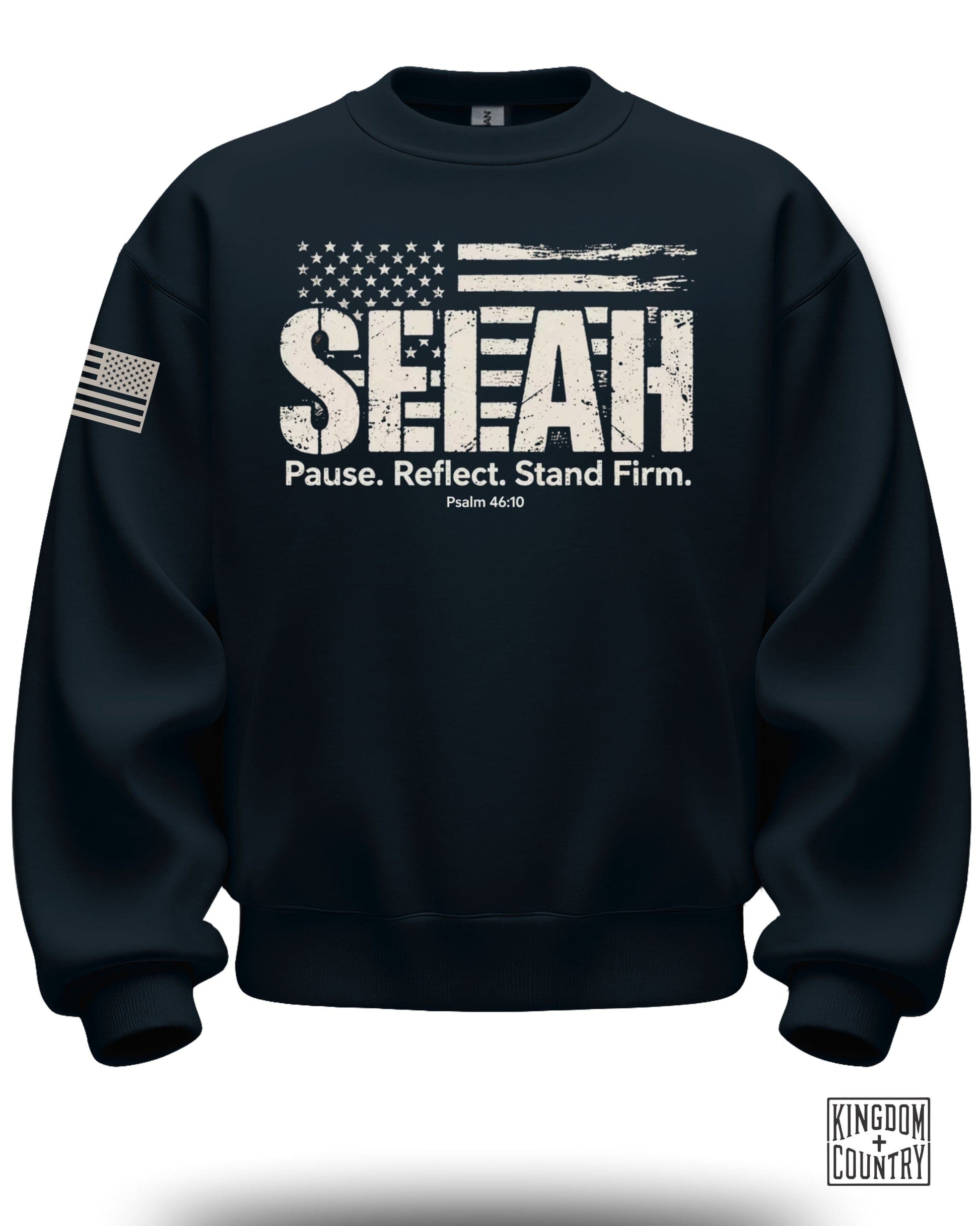 SEIAH Pause Reflect Stand Firm American Flag Sweatshirt