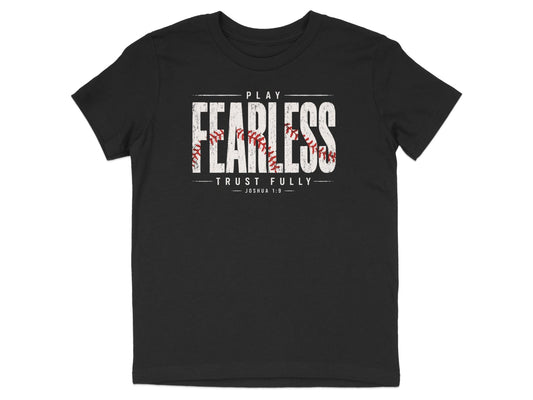 Black t-shirt with "PLAY FEARLESS TRUST FULLY JOSHUA 1:9" text and baseball stitching.