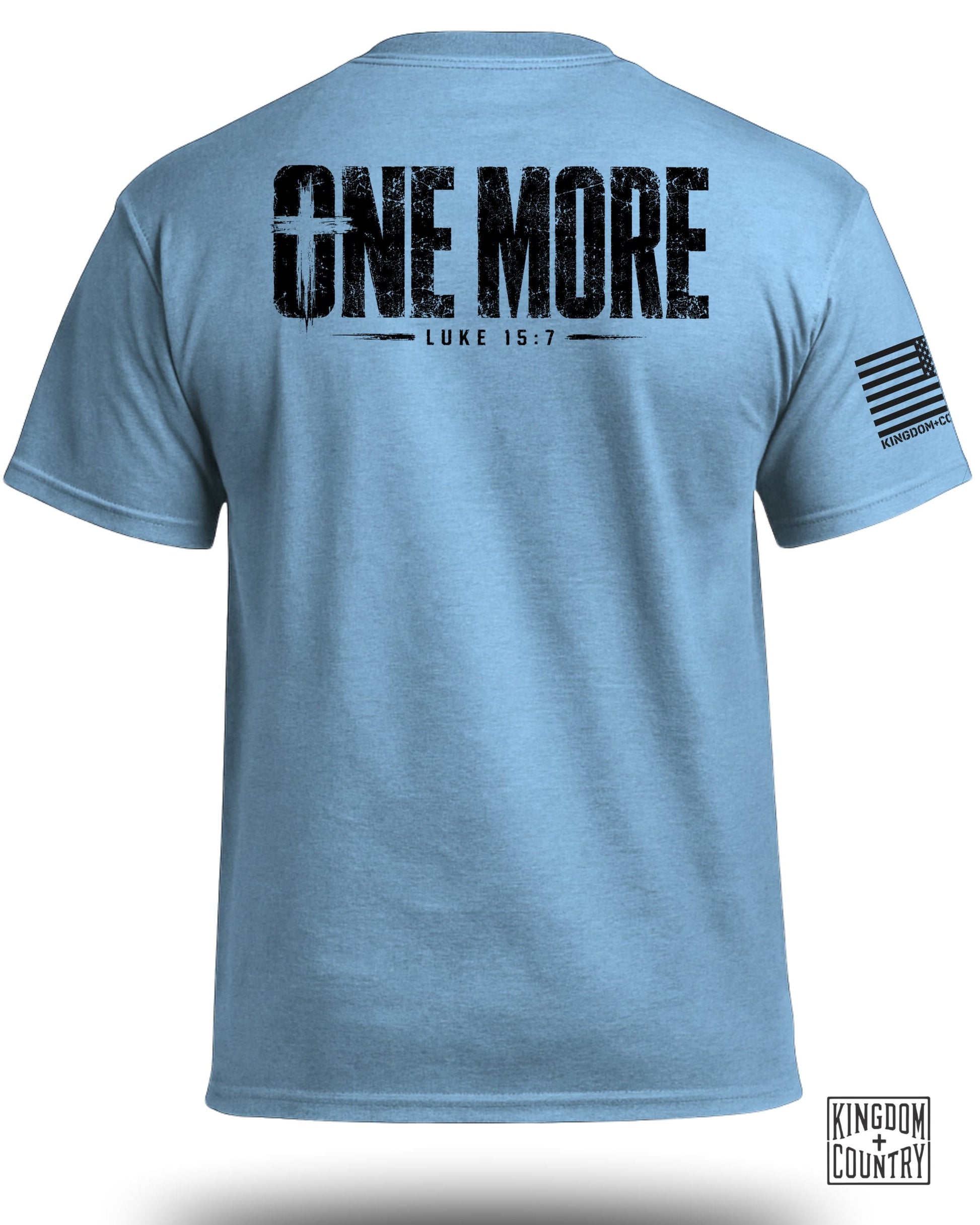 Light blue t-shirt back with black distressed text "ONE MORE" and "LUKE 15:7".