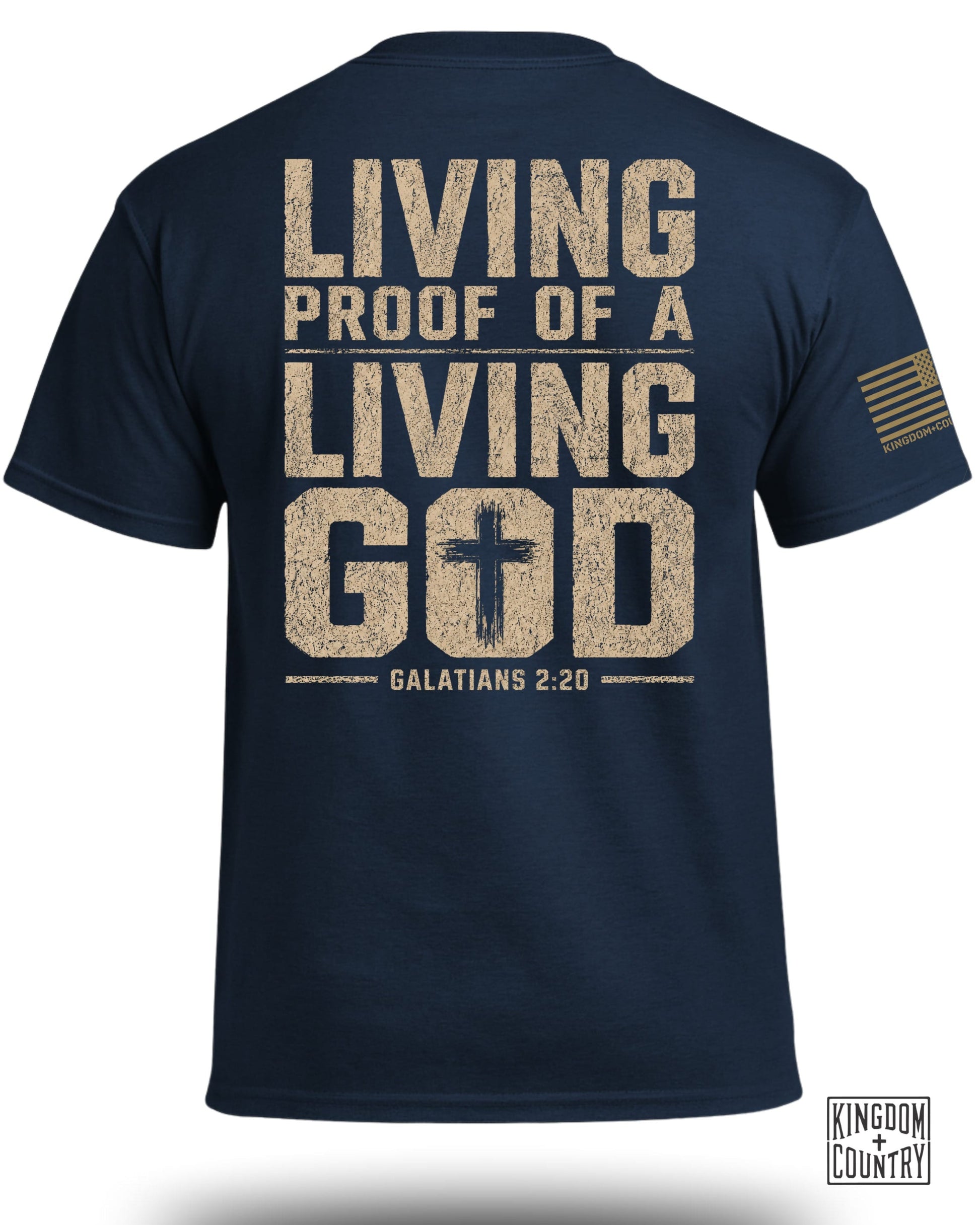 Navy t-shirt with "Living Proof of a Living God" and "Galatians 2:20" text.