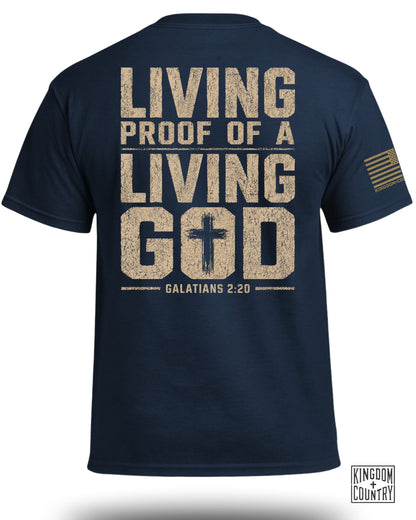 Navy t-shirt with "Living Proof of a Living God" and "Galatians 2:20" text.