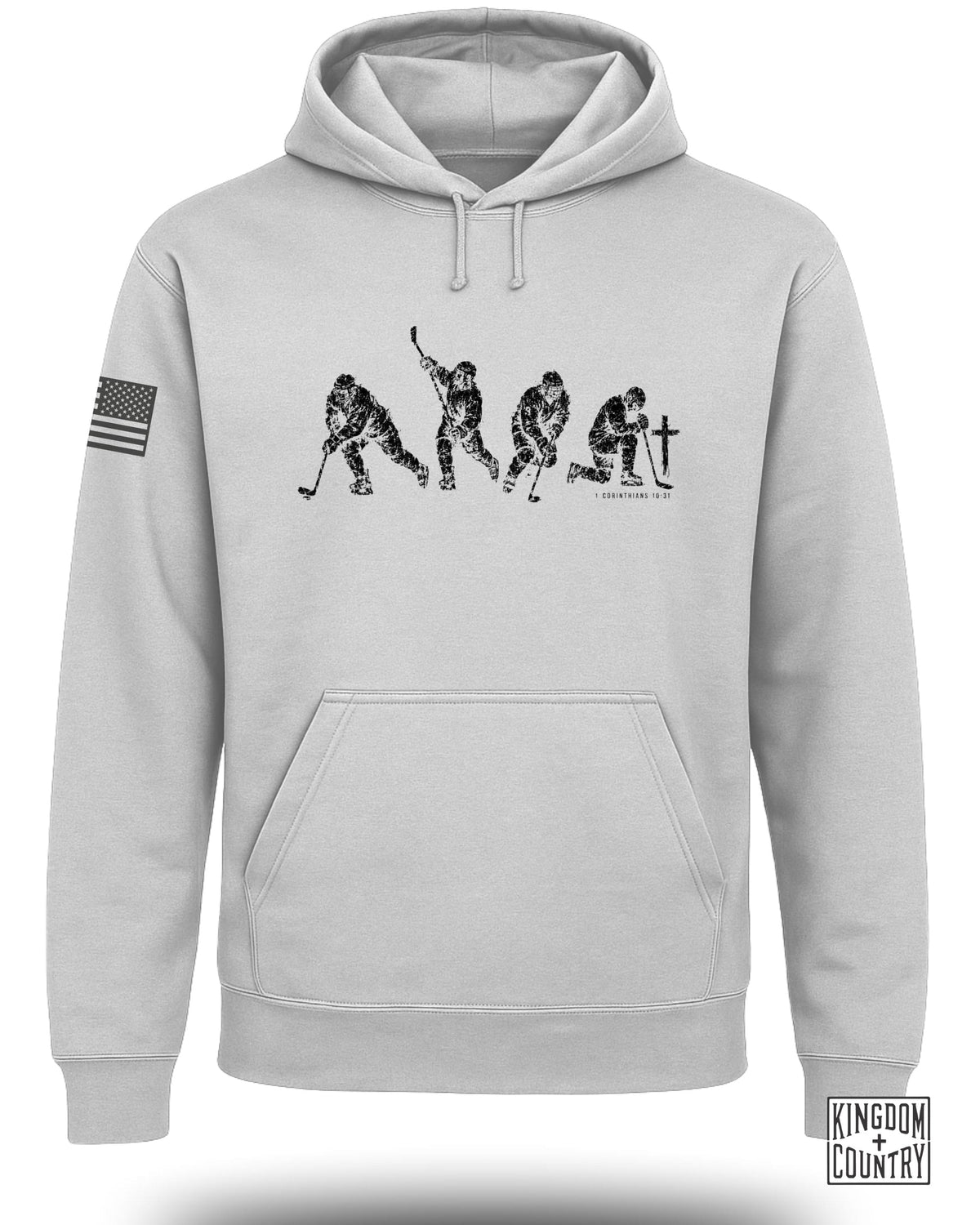 Grey hoodie with distressed hockey players graphic and 1 Corinthians 10:31 text.