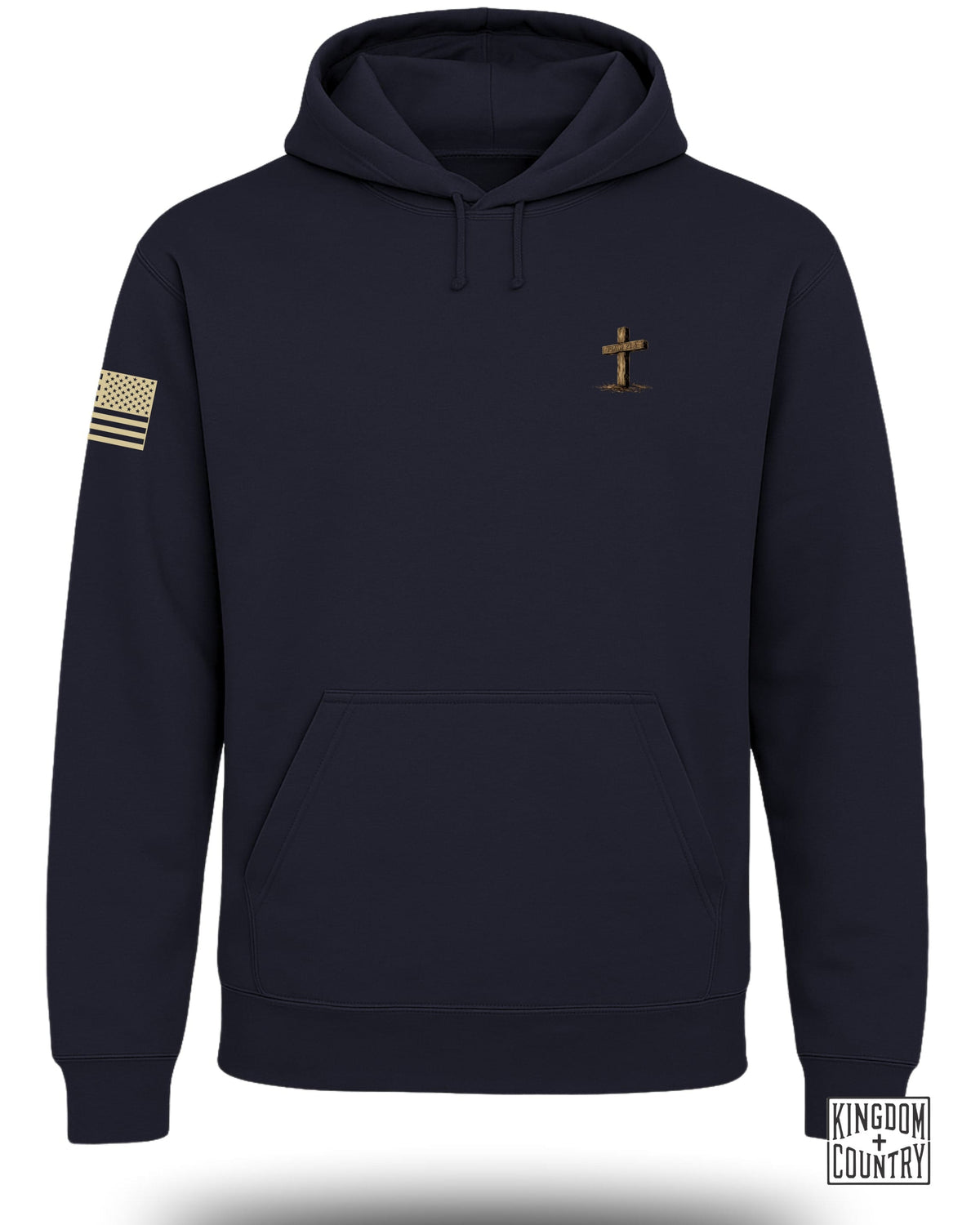 Navy hoodie with a wooden cross graphic and US flag patch.