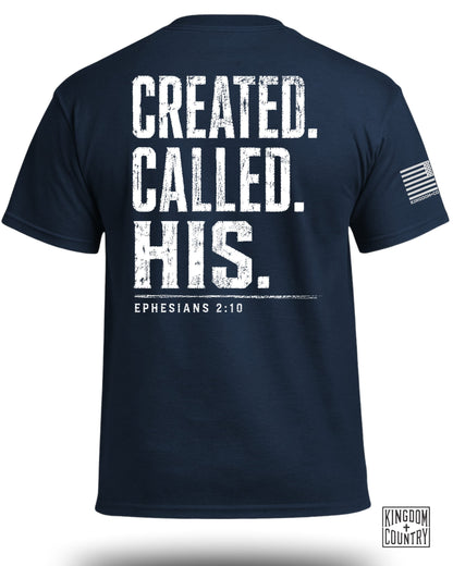 Navy t-shirt with white text: CREATED. CALLED. HIS. EPHESIANS 2:10.