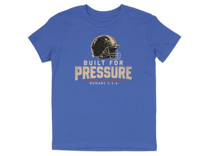 Blue t-shirt with vintage football helmet and text "Built for Pressure Romans 5:3-4".